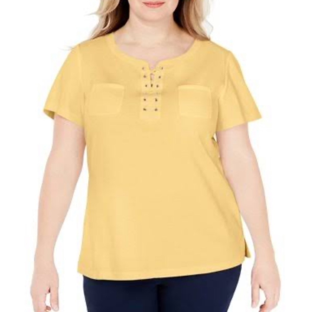Karen Scott yellow lace up scoop neck tee, NWT 0X